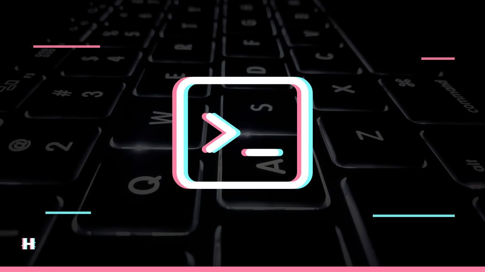 Ventana de terminal con el símbolo de la línea de comandos, sobre un teclado iluminado