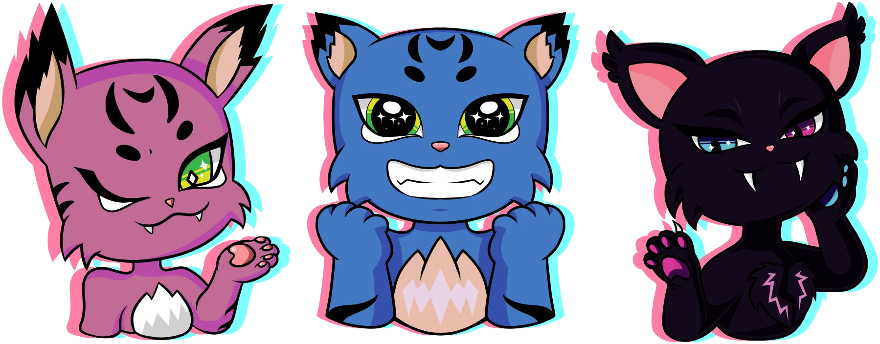 Ilustración estilo anime de tres gatas, de izquierda a derecha: Vel, morada, con un ojo verde y la patita levantada; Blue, azul, sonriendo con las patas arriba; y Lucy, negra, con colmillos y una mirada pícara.